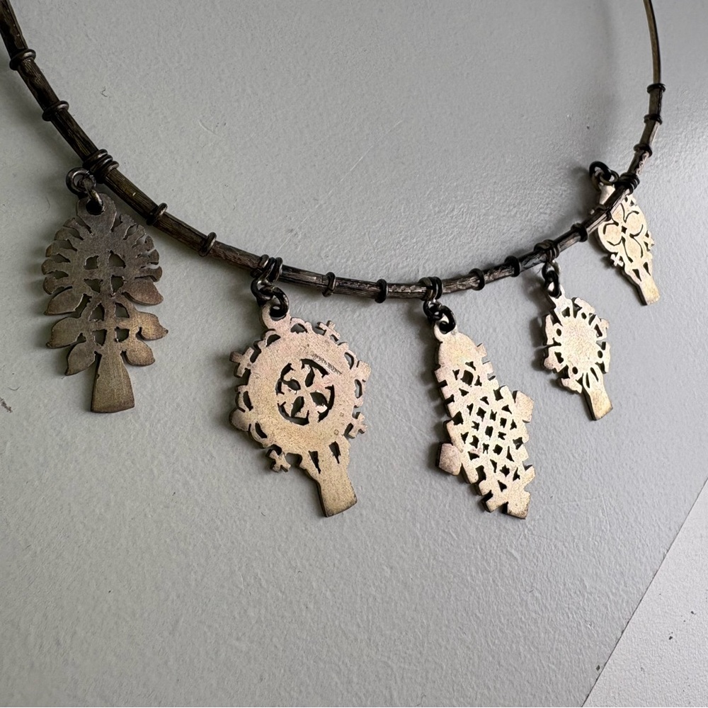 Vintage Sterling silver Hand wrought Multi Cross Charm Choker collar necklace - Picture 7 of 16